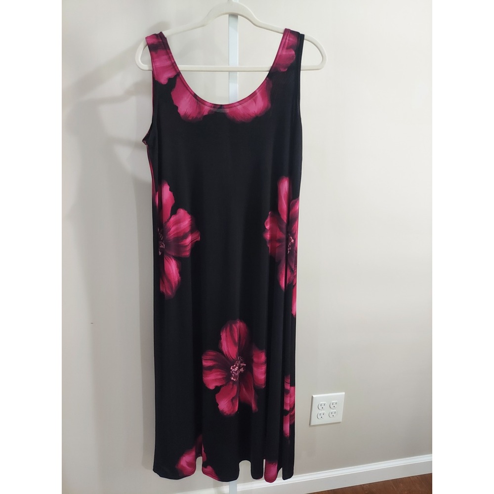Vtg 90s Womens Black Magenta Floral Slinky Knit Tank Midi Dress Size M USA Made